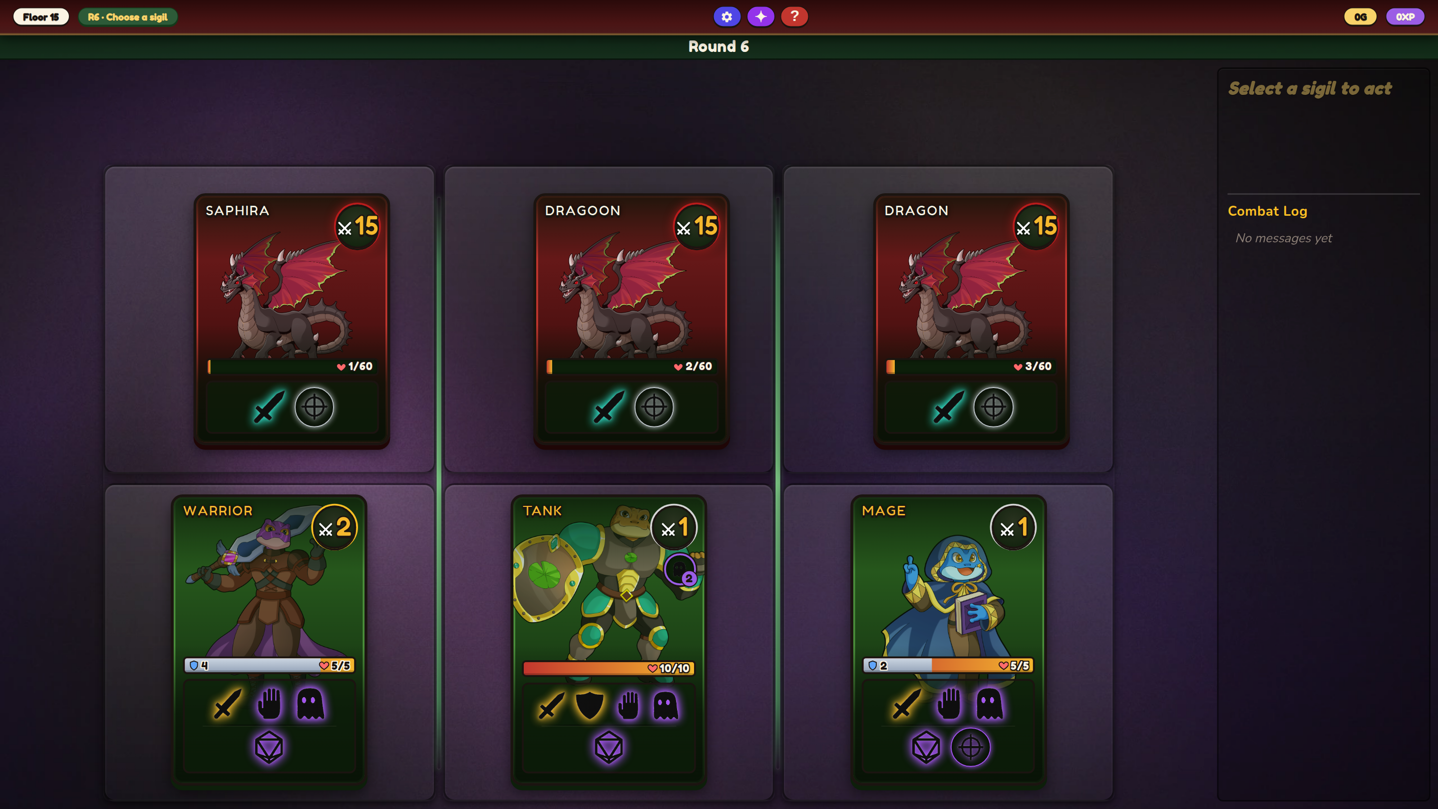 Combat — Frogged Up mode, three dragons, three heroes