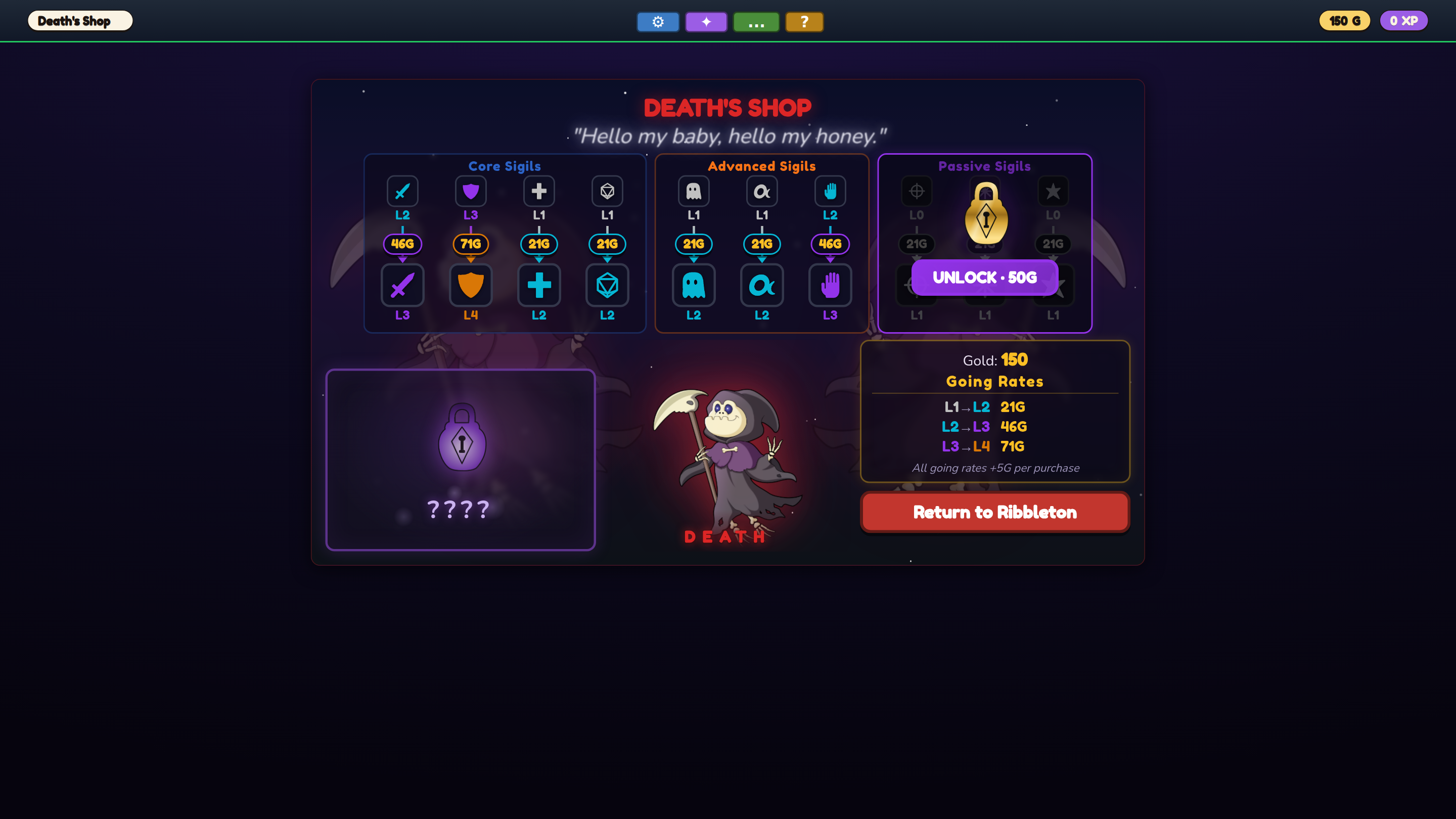 Death's Shop — spend gold on permanent sigil upgrades