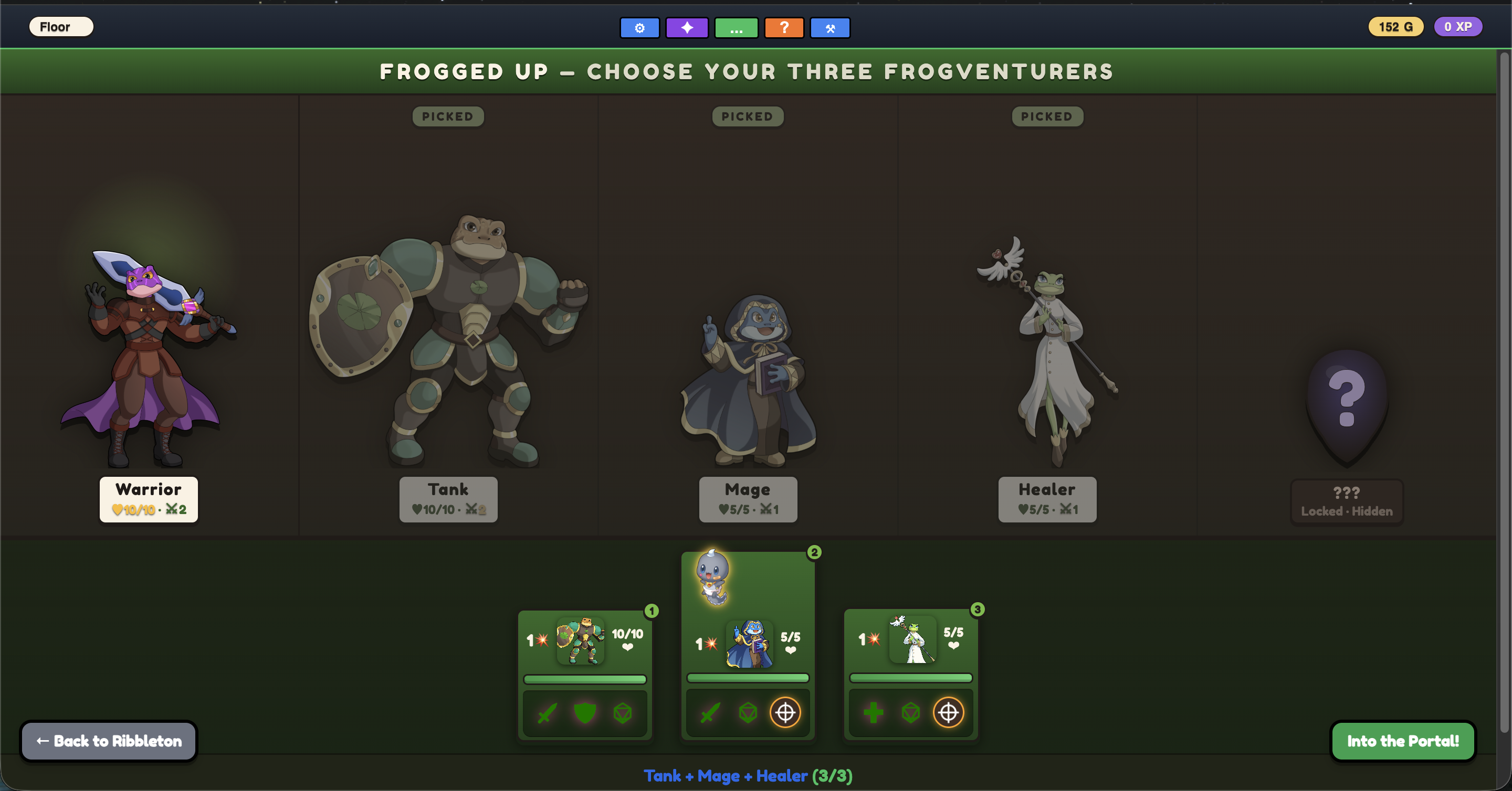 Hero select — choose your frogventurers